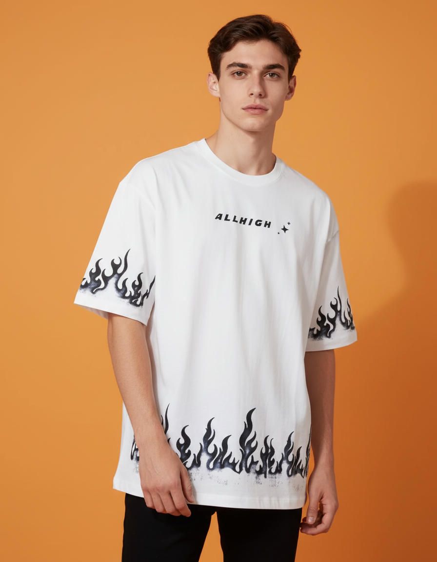 "BLACK BURNING" WHITE OVERSIZED T-SHIRT HEAVYWEIGHT